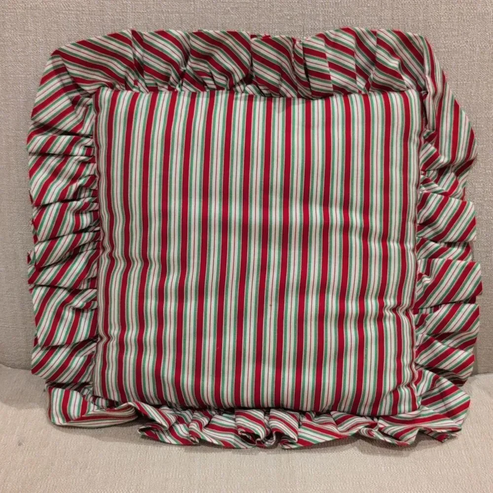 Handcrafted Festive Red and Green Ruffled Cross-stitch Holiday Pillows Set of 2
